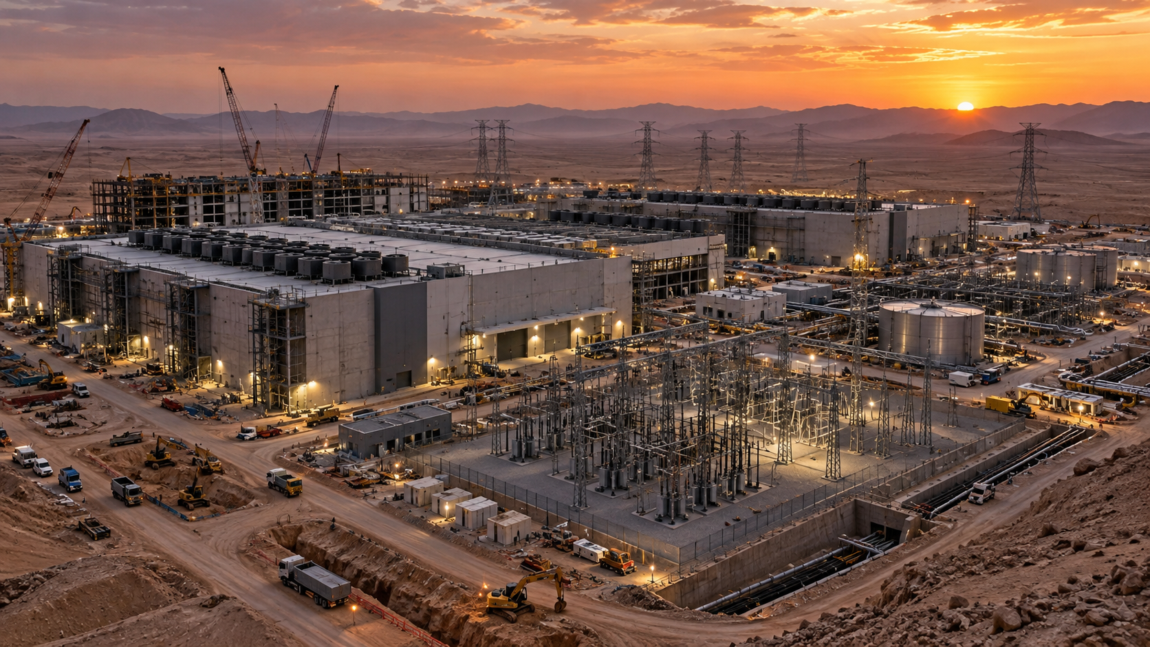 Saudi data-center infrastructure under construction — cooling plant + substations + transmission infrastructure + desert context